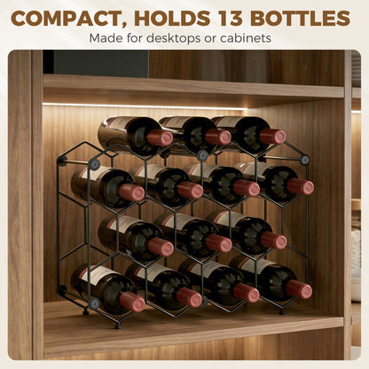 Industrial Honeycomb Wine Rack for 13 Bottles, Metal, Adjustable Feet & Anti-Tip Strap, Black