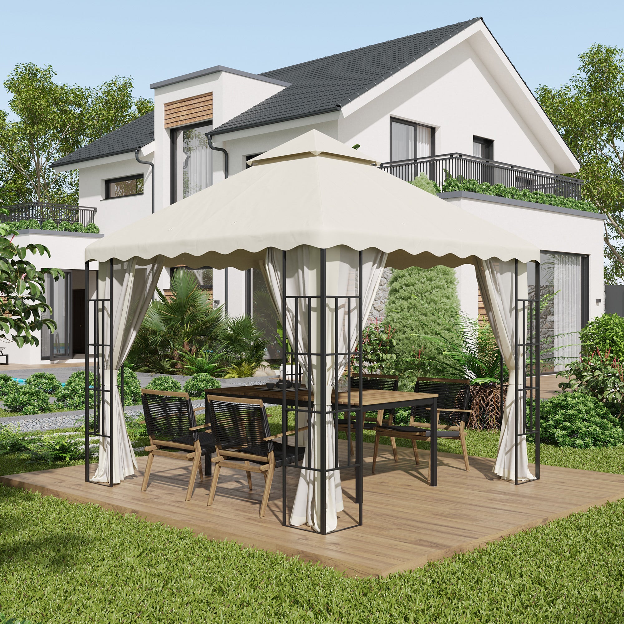 Replacement Canopy Top for Gazebo 3x3m Replacement Cover with Double Roof and 10 Drainage Holes Polyester Fabric for Tent Pavilion Gazebo Cream