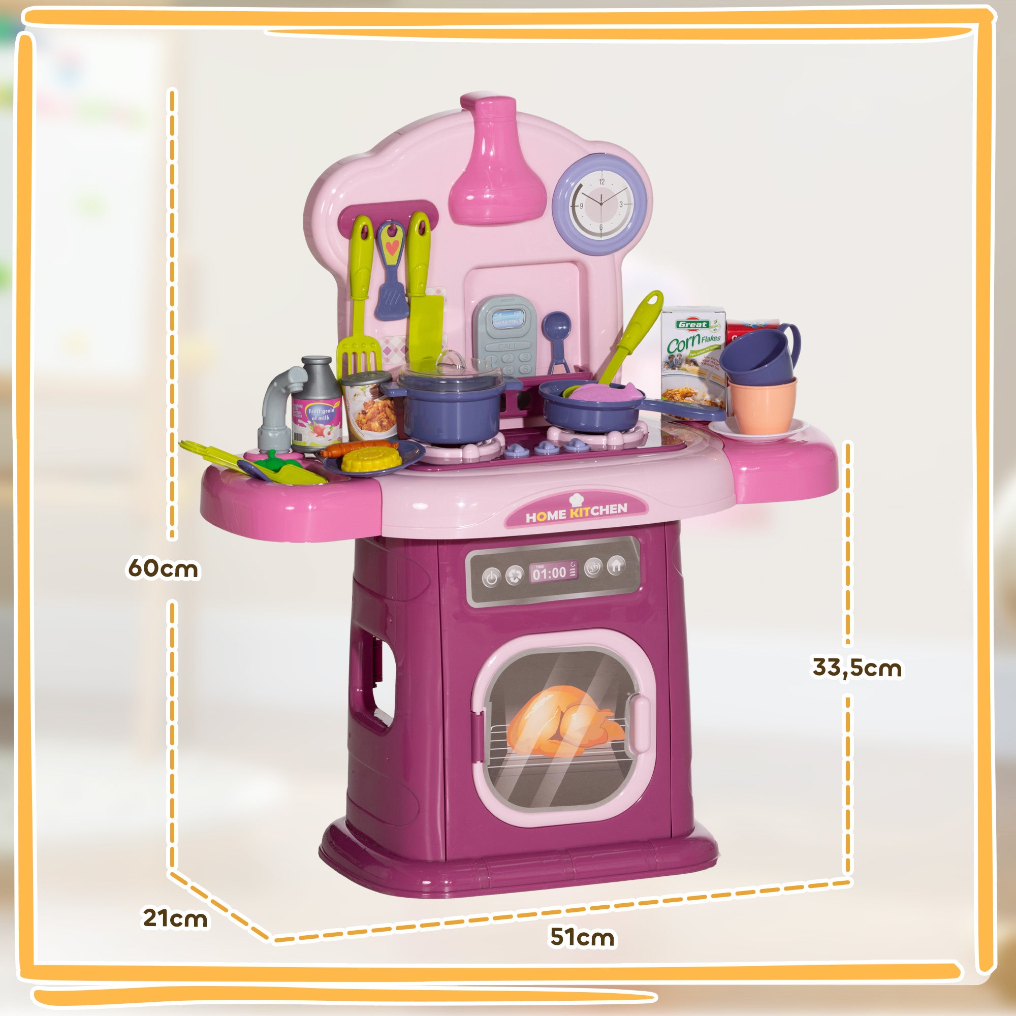 Kids Kitchen Playset Toy 38 PCS Pretend Play Kitchen Accessories - for 3-6 years with realistic lights and sounds, Pink