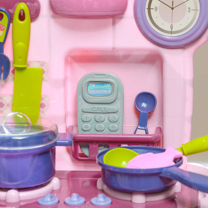 Kids Kitchen Playset Toy 38 PCS Pretend Play Kitchen Accessories - for 3-6 years with realistic lights and sounds, Pink