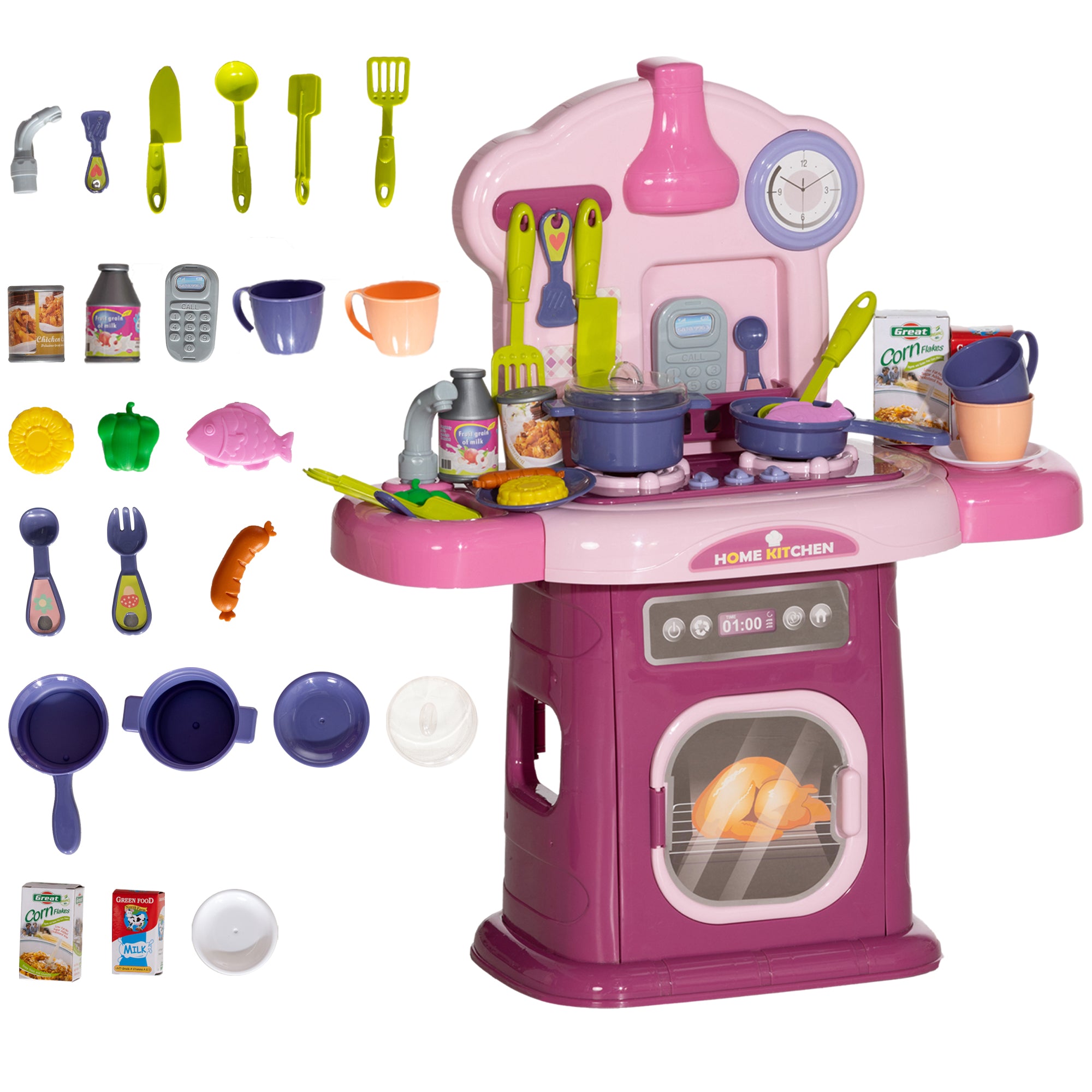 Kids Kitchen Playset Toy 38 PCS Pretend Play Kitchen Accessories - for 3-6 years with realistic lights and sounds, Pink