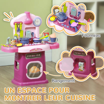 Kids Kitchen Playset Toy 38 PCS Pretend Play Kitchen Accessories - for 3-6 years with realistic lights and sounds, Pink