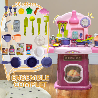 Kids Kitchen Playset Toy 38 PCS Pretend Play Kitchen Accessories - for 3-6 years with realistic lights and sounds, Pink