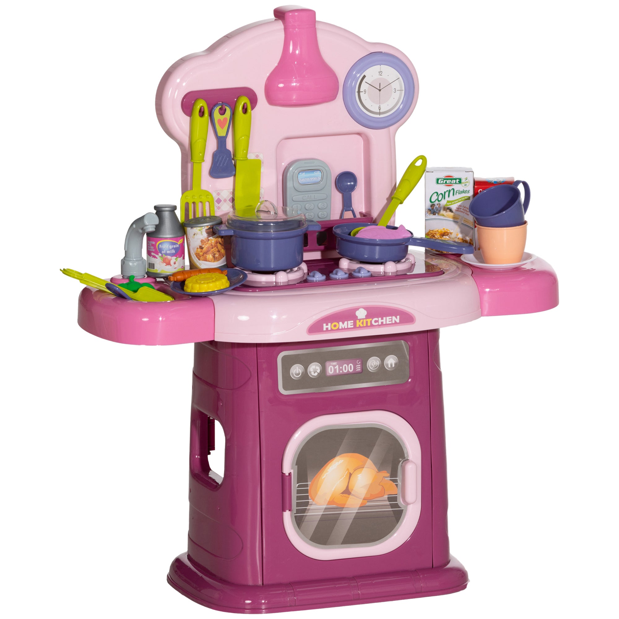 Kids Kitchen Playset Toy 38 PCS Pretend Play Kitchen Accessories - for 3-6 years with realistic lights and sounds, Pink