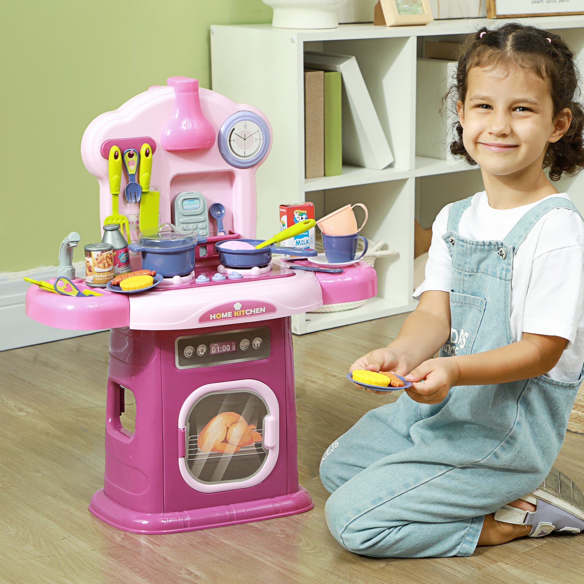 Kids Kitchen Playset Toy 38 PCS Pretend Play Kitchen Accessories - for 3-6 years with realistic lights and sounds, Pink