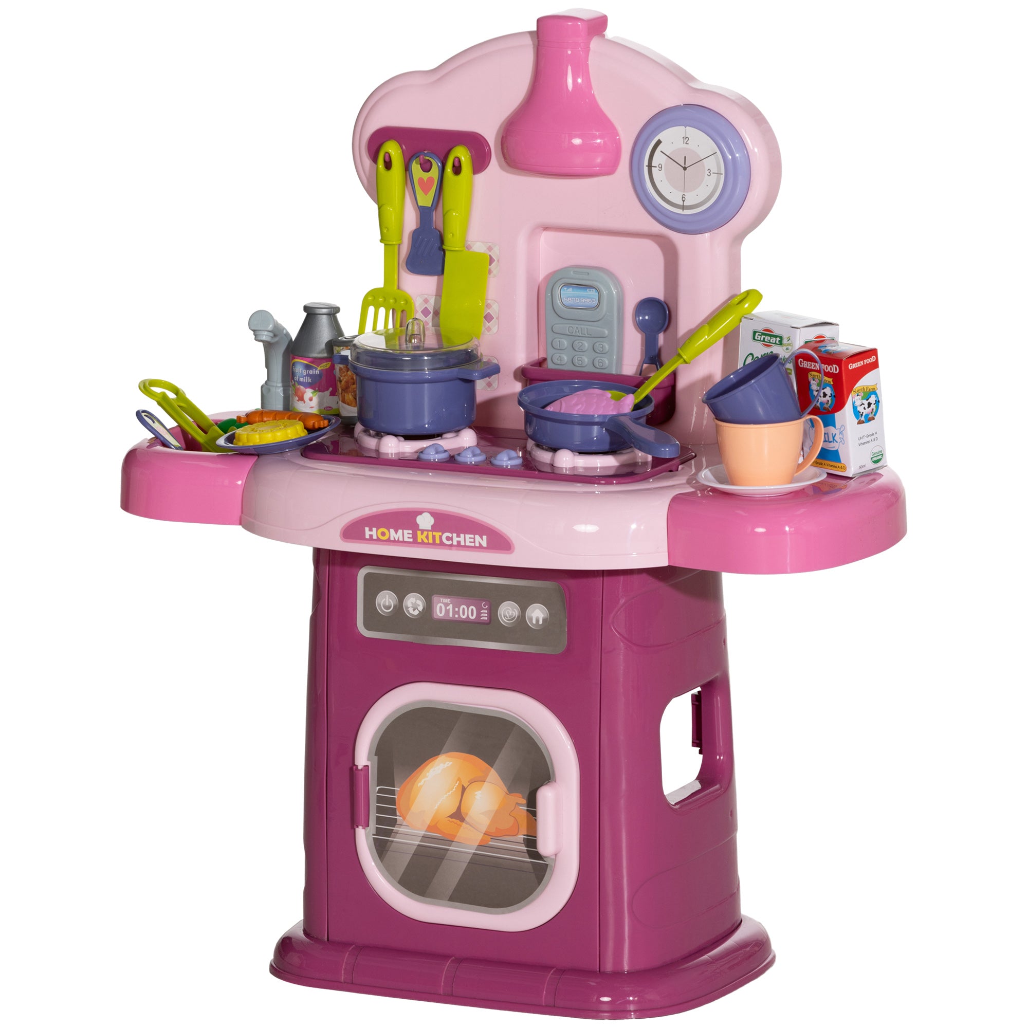 Kids Kitchen Playset Toy 38 PCS Pretend Play Kitchen Accessories - for 3-6 years with realistic lights and sounds, Pink