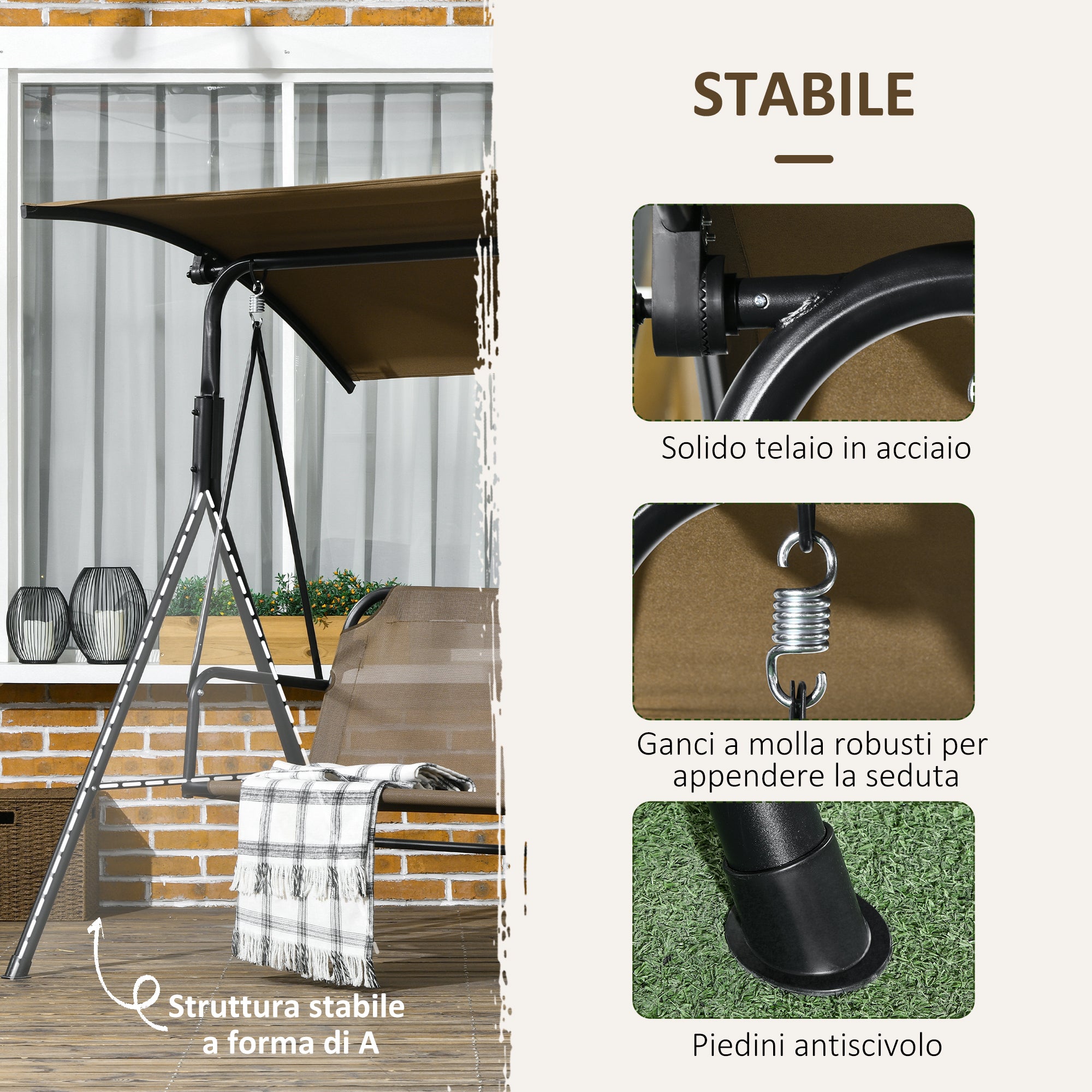 3-Seater Garden Swing with Adjustable Sunshade, Outdoor Swing with Breathable Texteline Seat and Metal Frame, Capacity Up to 240 kg, 172x110x153 cm, Brown and Black