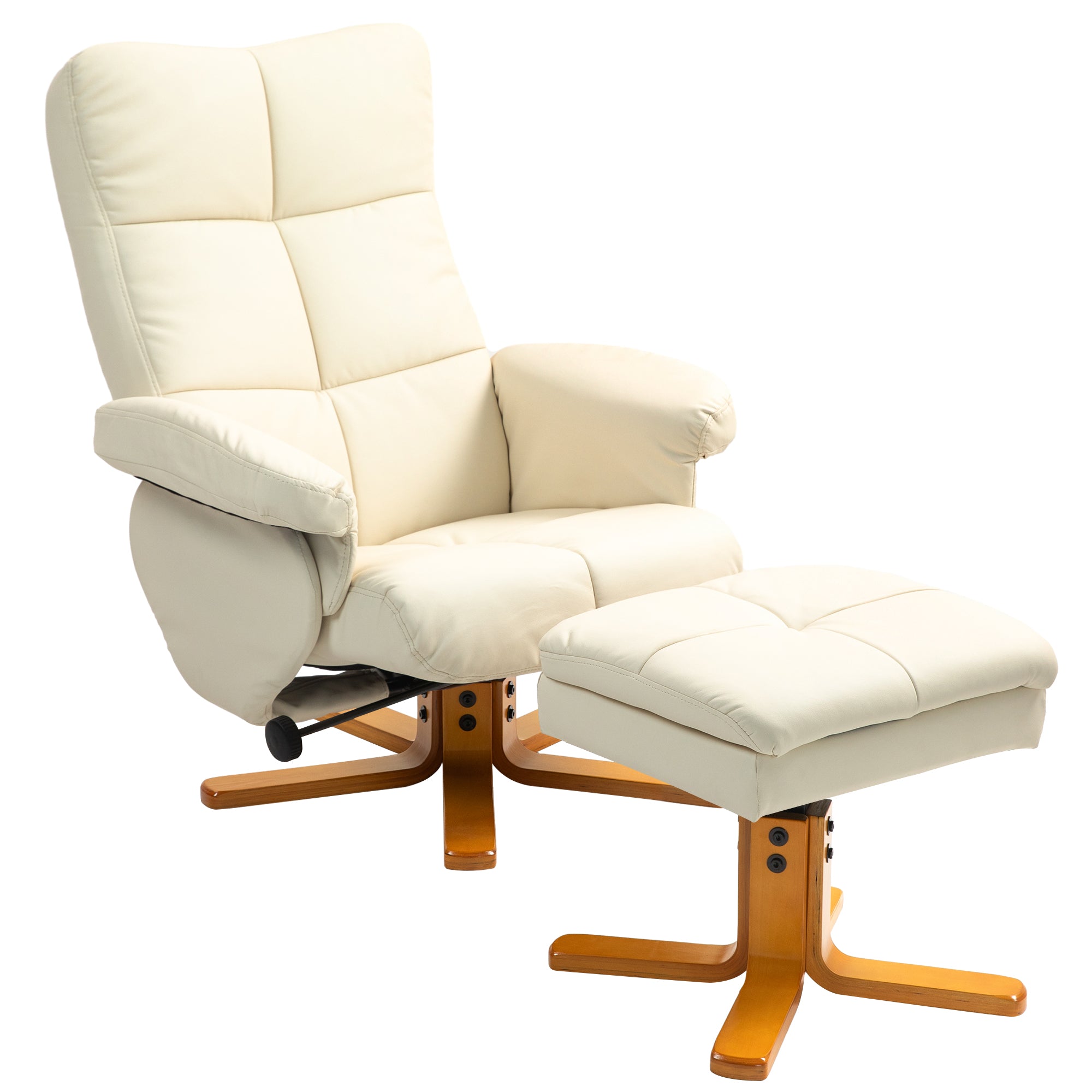 Armchair with Footstool, Storage Space, Padded TV Chair with Reclining Function, 360° Swivel TV Chair for Bedroom, Living Room, Faux Leather, Cream White