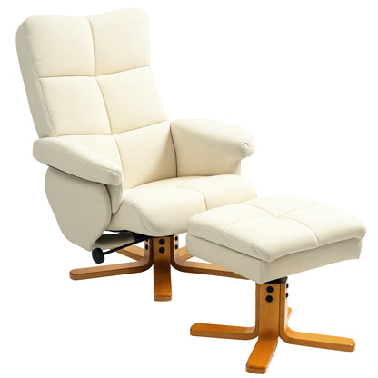 Armchair with Footstool, Storage Space, Padded TV Chair with Reclining Function, 360° Swivel TV Chair for Bedroom, Living Room, Faux Leather, Cream White