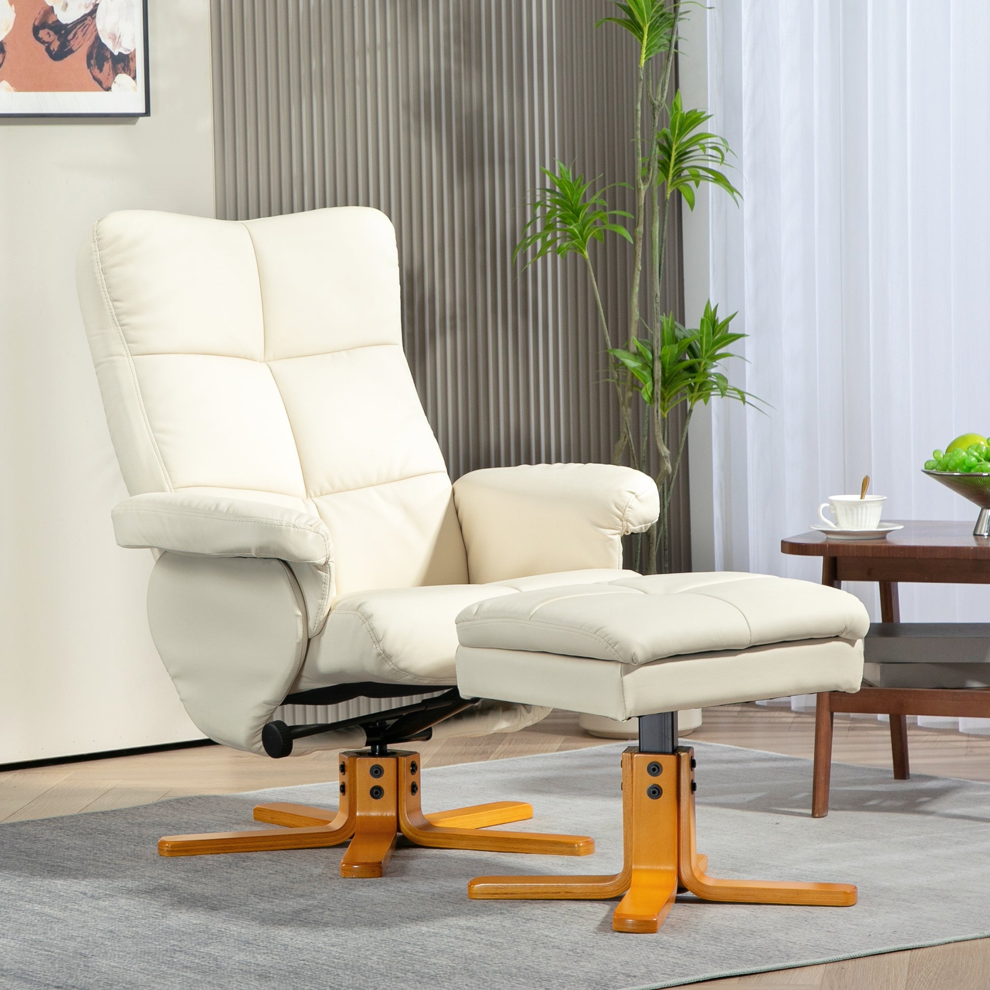 Armchair with Footstool, Storage Space, Padded TV Chair with Reclining Function, 360° Swivel TV Chair for Bedroom, Living Room, Faux Leather, Cream White