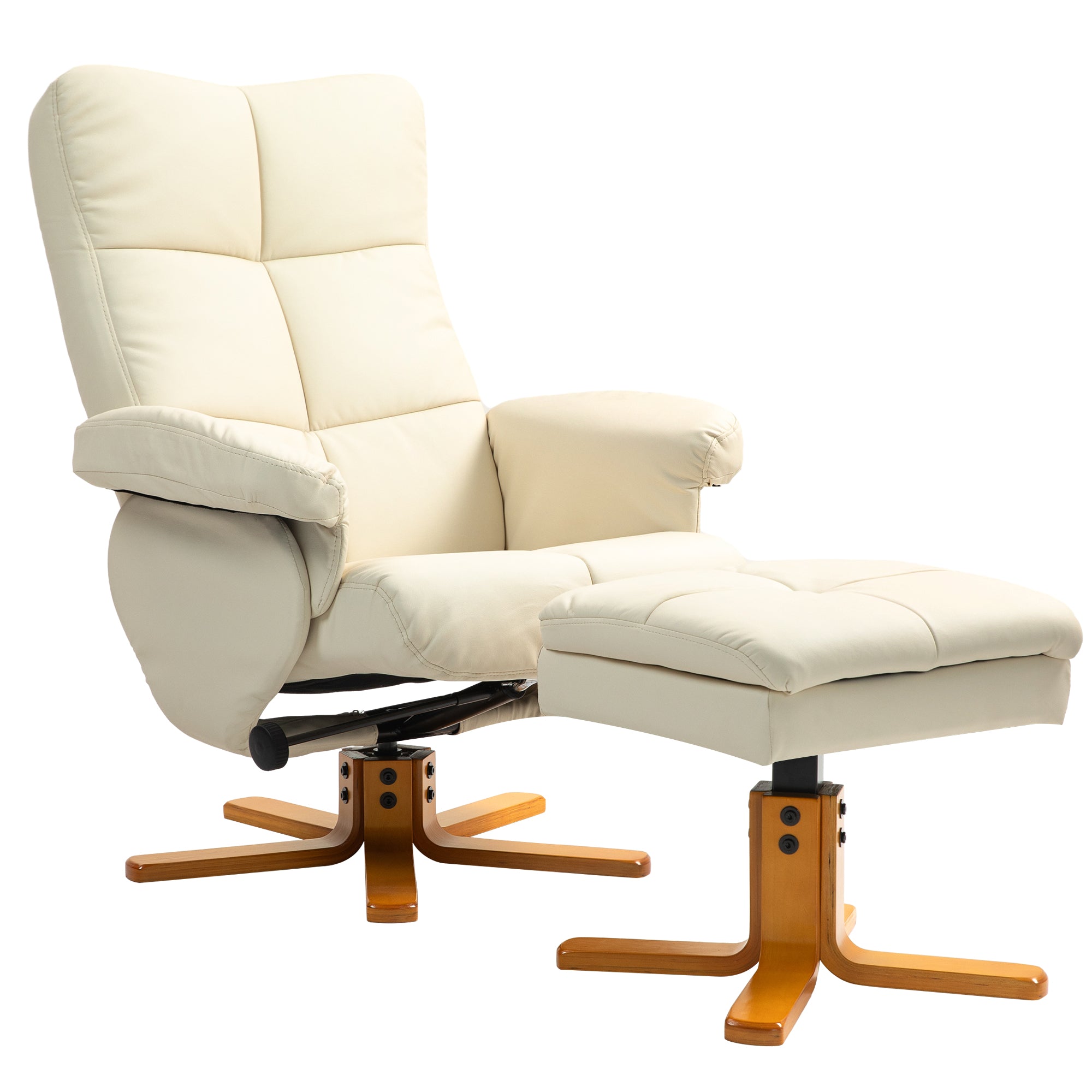Armchair with Footstool, Storage Space, Padded TV Chair with Reclining Function, 360° Swivel TV Chair for Bedroom, Living Room, Faux Leather, Cream White