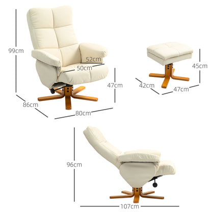 Armchair with Footstool, Storage Space, Padded TV Chair with Reclining Function, 360° Swivel TV Chair for Bedroom, Living Room, Faux Leather, Cream White