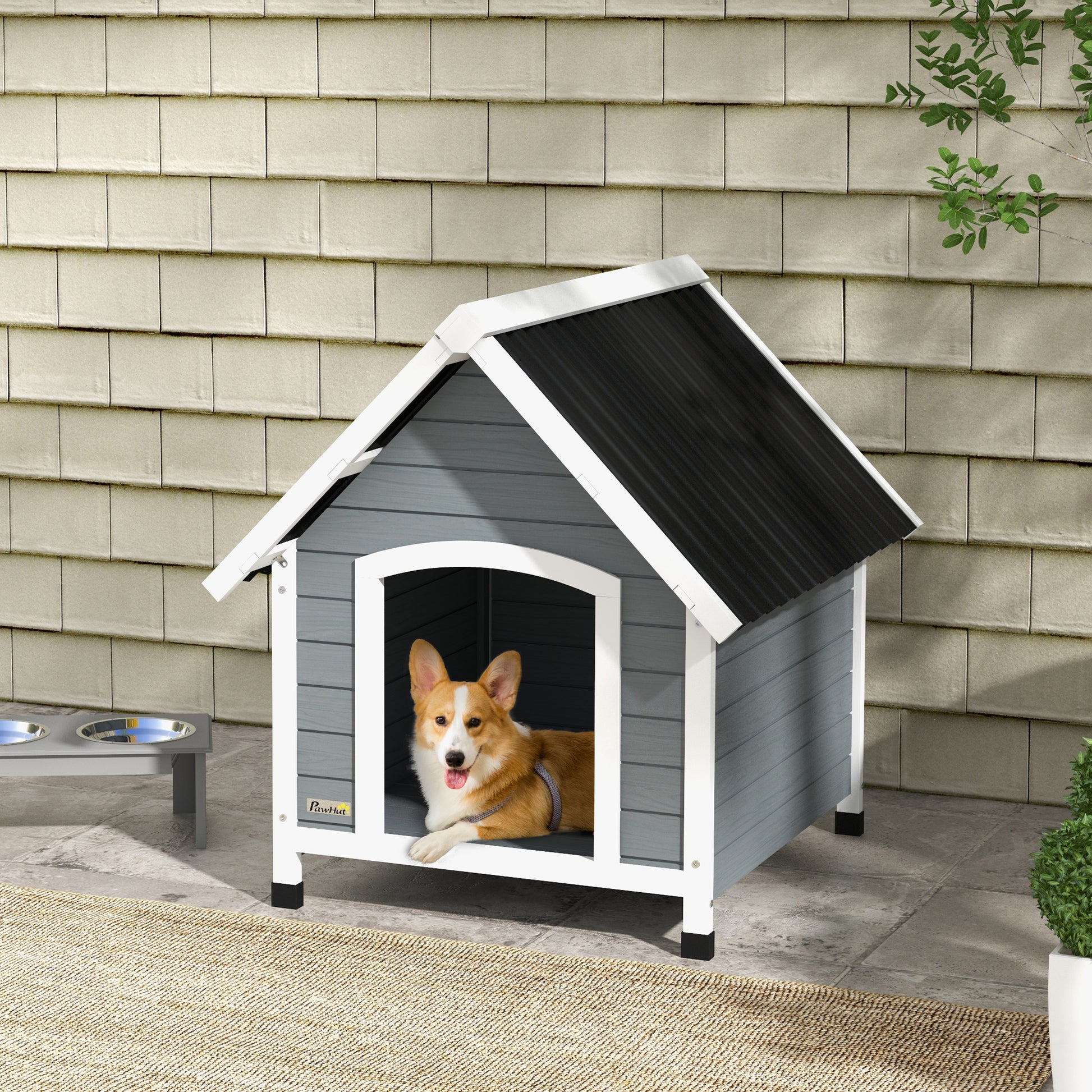 Dog House 75x88x82 cm Medium Dog Kennel with Imitation Tile Roof Elevated Base and Removable Floor for Outdoor Gray