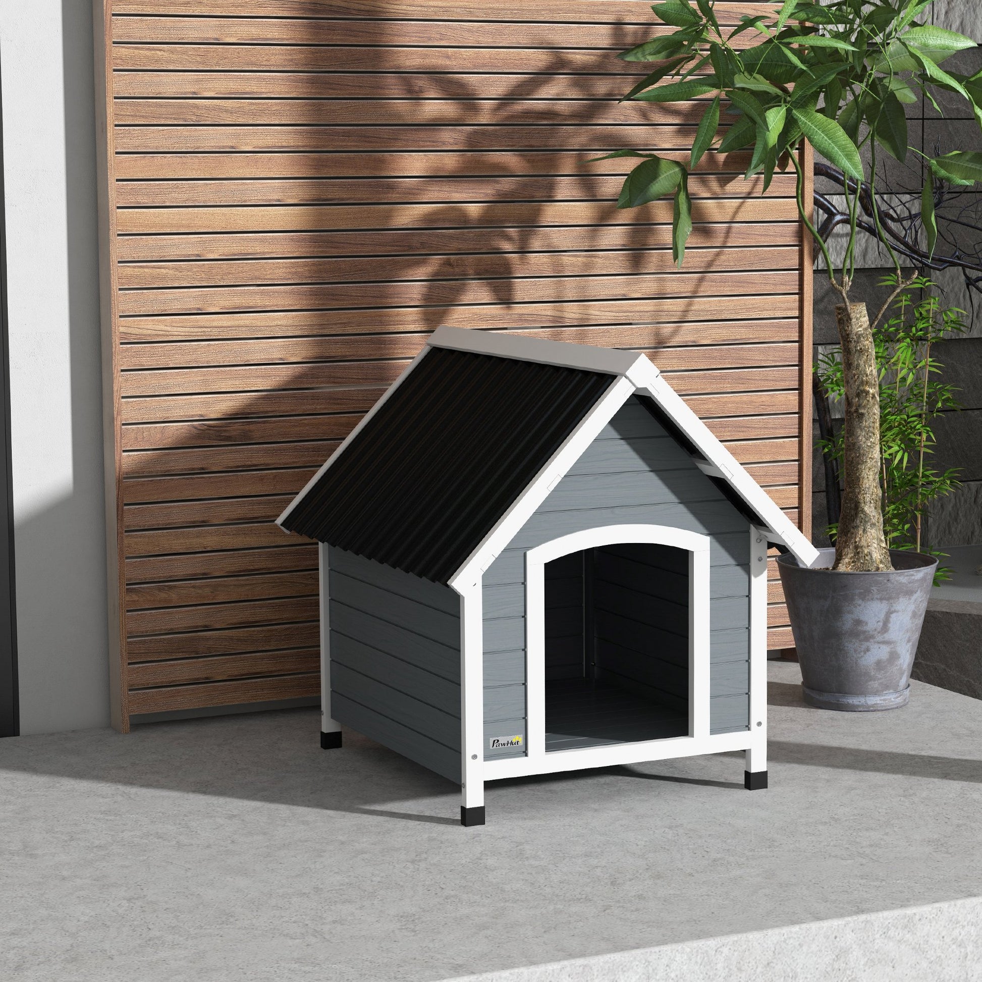 Dog House 75x88x82 cm Medium Dog Kennel with Imitation Tile Roof Elevated Base and Removable Floor for Outdoor Gray
