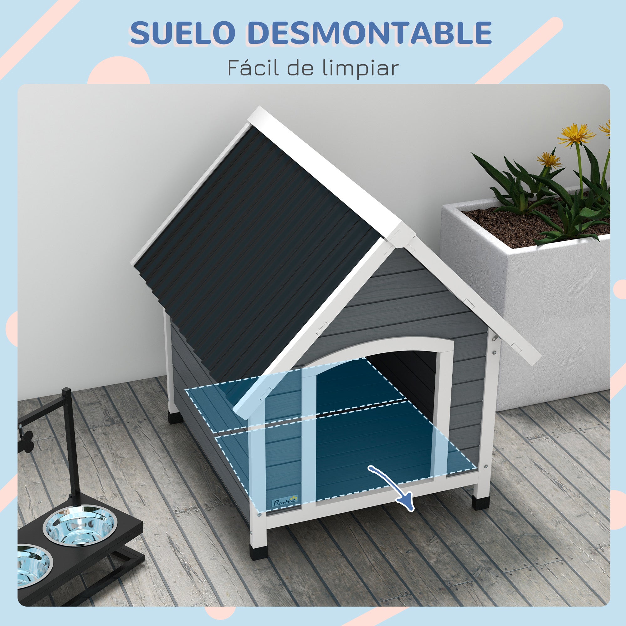 Dog House 75x88x82 cm Medium Dog Kennel with Imitation Tile Roof Elevated Base and Removable Floor for Outdoor Gray