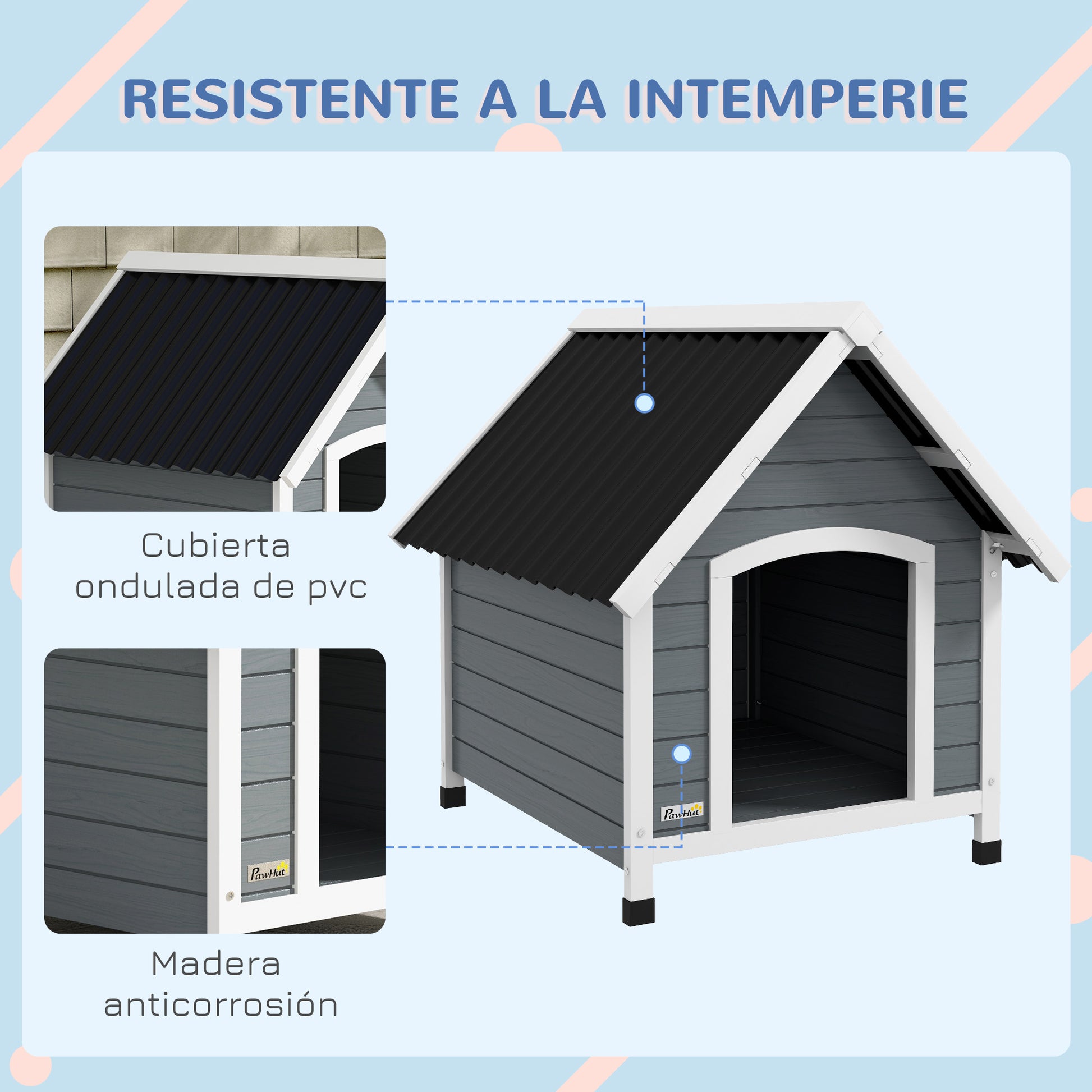 Dog House 75x88x82 cm Medium Dog Kennel with Imitation Tile Roof Elevated Base and Removable Floor for Outdoor Gray