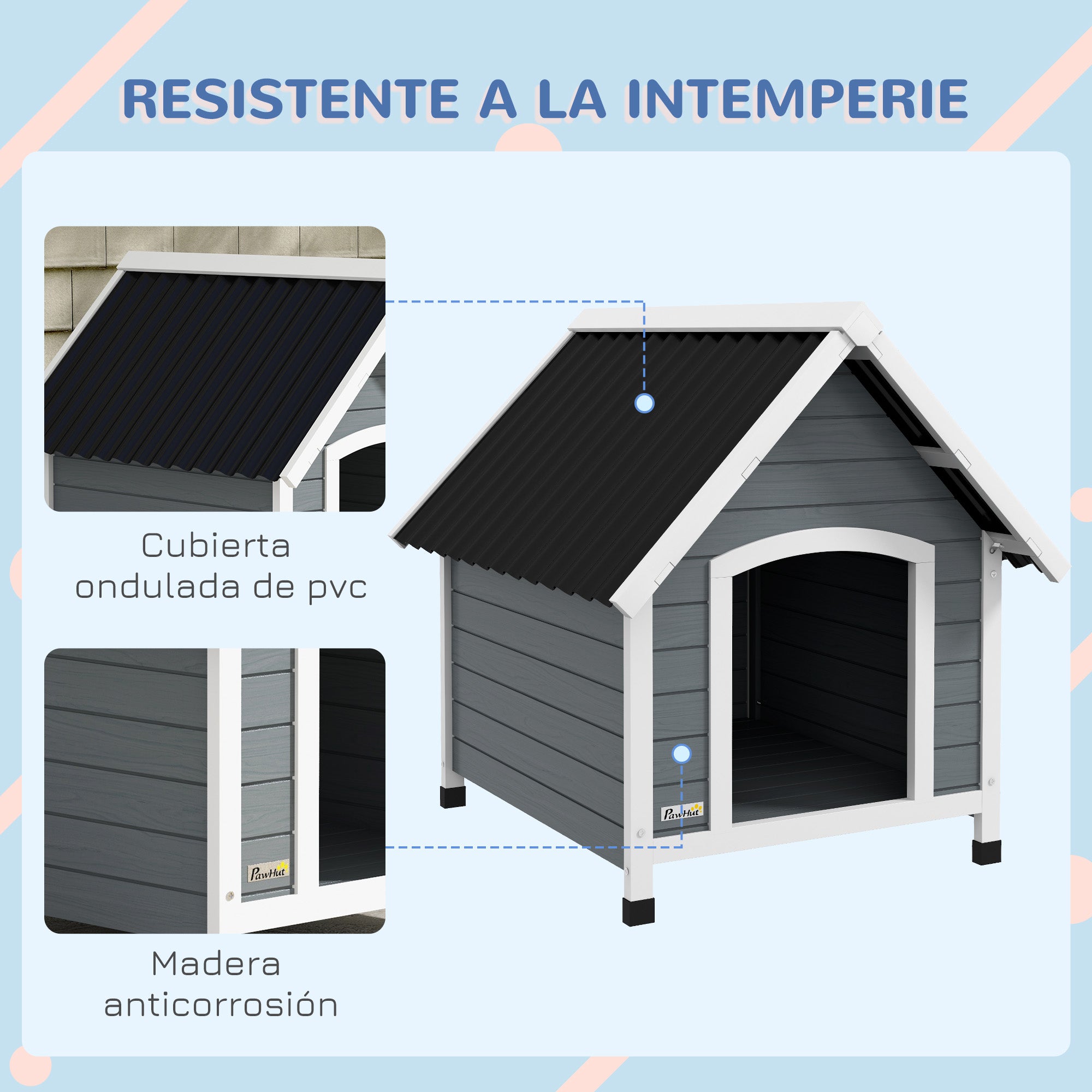 Dog House 75x88x82 cm Medium Dog Kennel with Imitation Tile Roof Elevated Base and Removable Floor for Outdoor Gray