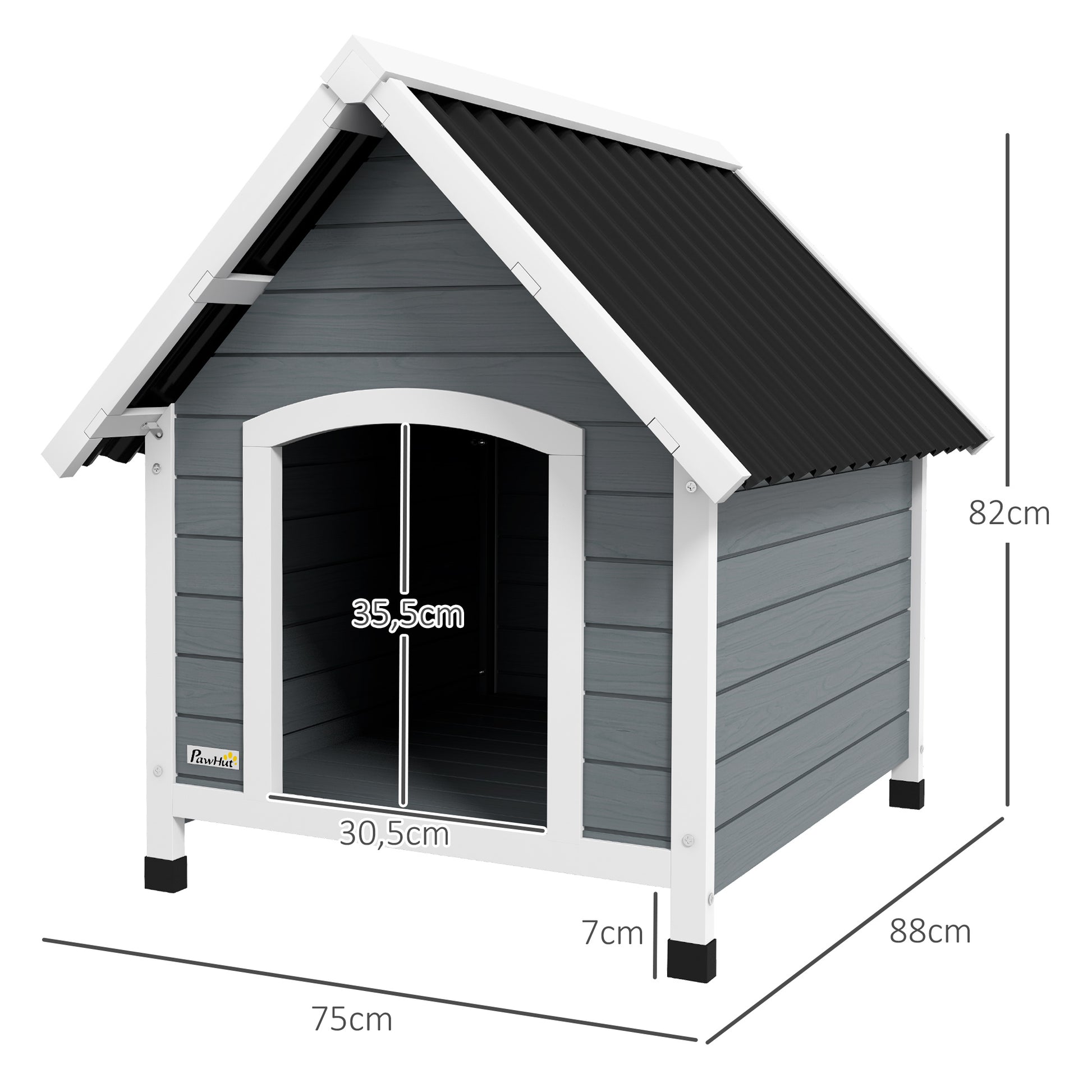 Dog House 75x88x82 cm Medium Dog Kennel with Imitation Tile Roof Elevated Base and Removable Floor for Outdoor Gray
