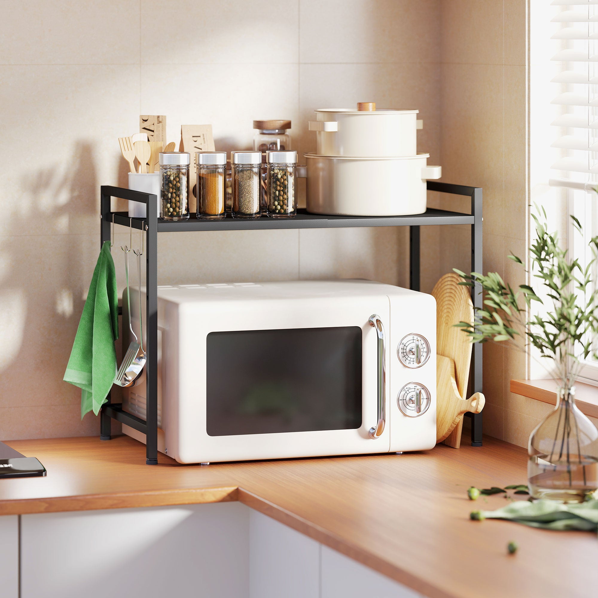 Expandable Microwave Shelf Microwave Stand with 3 Hooks Kitchen Shelf Microwave Holder made of Metal, Black