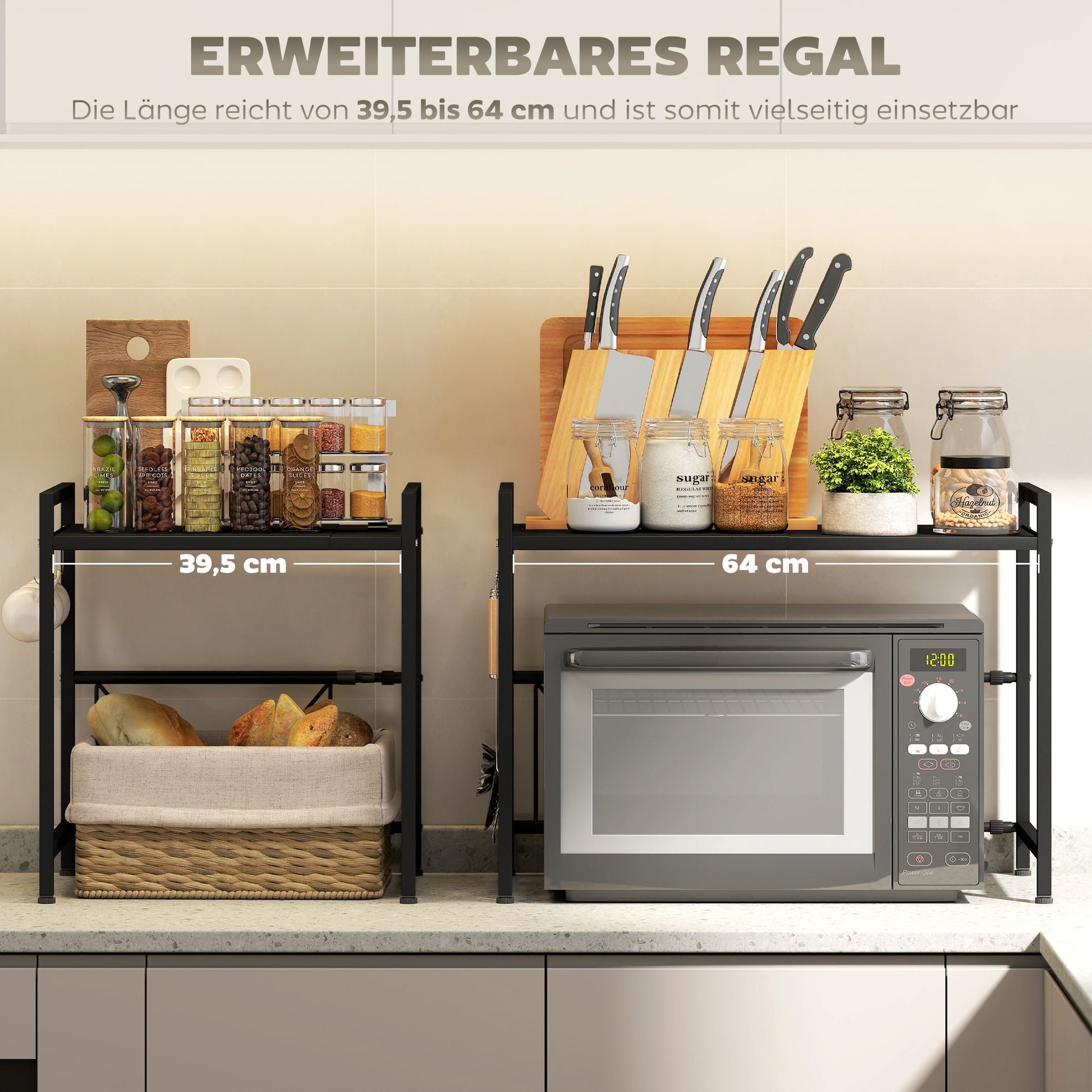 Expandable Microwave Shelf Microwave Stand with 3 Hooks Kitchen Shelf Microwave Holder made of Metal, Black