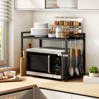 Expandable Microwave Shelf Microwave Stand with 3 Hooks Kitchen Shelf Microwave Holder made of Metal, Black