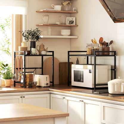 Expandable Microwave Shelf Microwave Stand with 3 Hooks Kitchen Shelf Microwave Holder made of Metal, Black