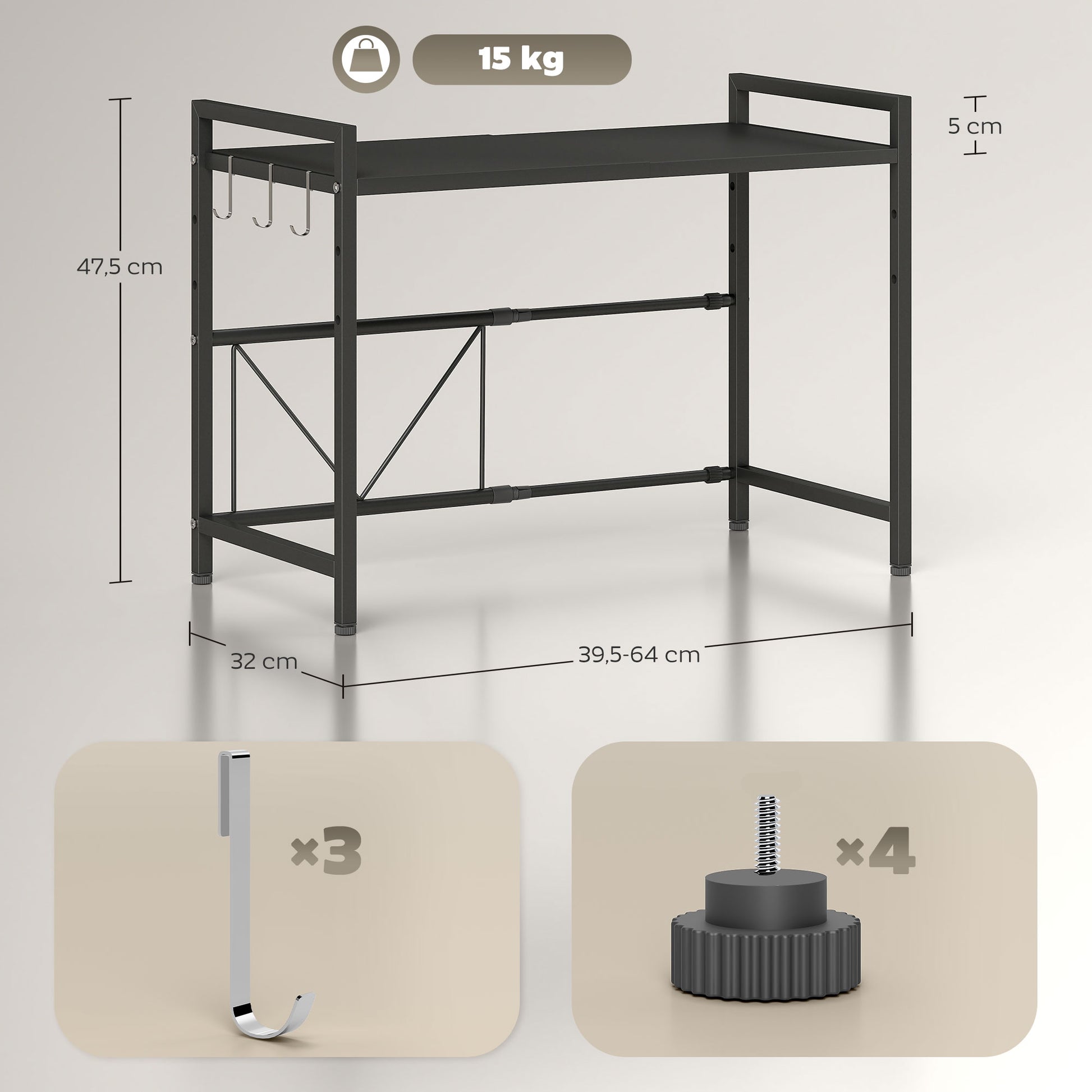 Expandable Microwave Shelf Microwave Stand with 3 Hooks Kitchen Shelf Microwave Holder made of Metal, Black