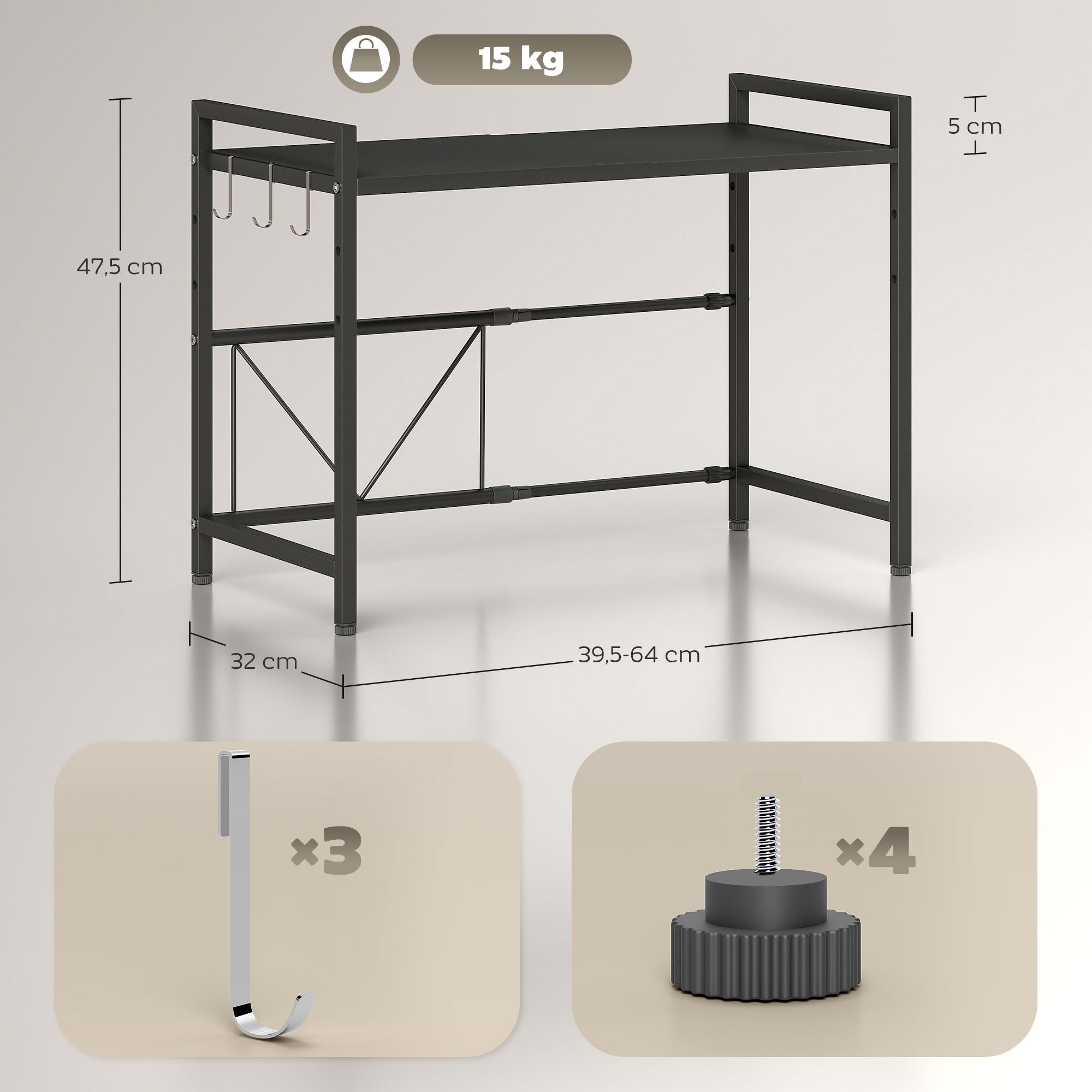 Expandable Microwave Shelf Microwave Stand with 3 Hooks Kitchen Shelf Microwave Holder made of Metal, Black