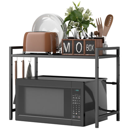 Expandable Microwave Shelf Microwave Stand with 3 Hooks Kitchen Shelf Microwave Holder made of Metal, Black