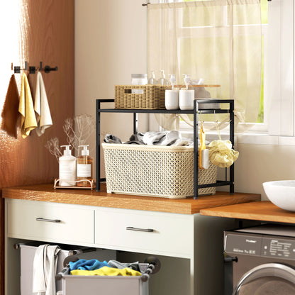 Expandable Microwave Shelf Microwave Stand with 3 Hooks Kitchen Shelf Microwave Holder made of Metal, Black