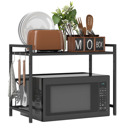 Expandable Microwave Shelf Microwave Stand with 3 Hooks Kitchen Shelf Microwave Holder made of Metal, Black