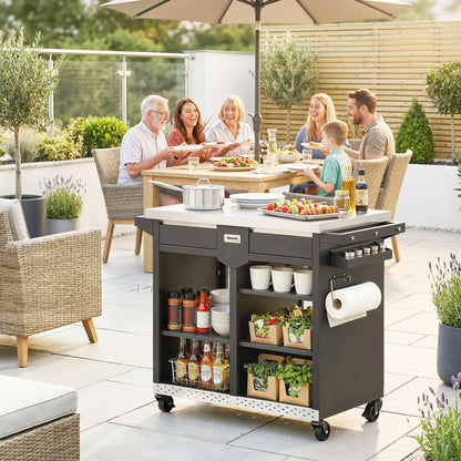 5-Tier Grill Cart with Stainless-Steel Worktop, Adjustable Shelves, Drawer, Wheels, Spice Rack, Towel Holder & Hooks — Mobile BBQ Serving Trolley (117 x 54 x 85.5 cm / 46.1 x 21.3 x 33.7 in)