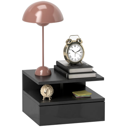 Modern Floating Bedside Table for Bedroom, Modern Bedroom Nightstand, with Wooden Drawer and Upper Shelf, 35x32x22.5cm, Glossy Black