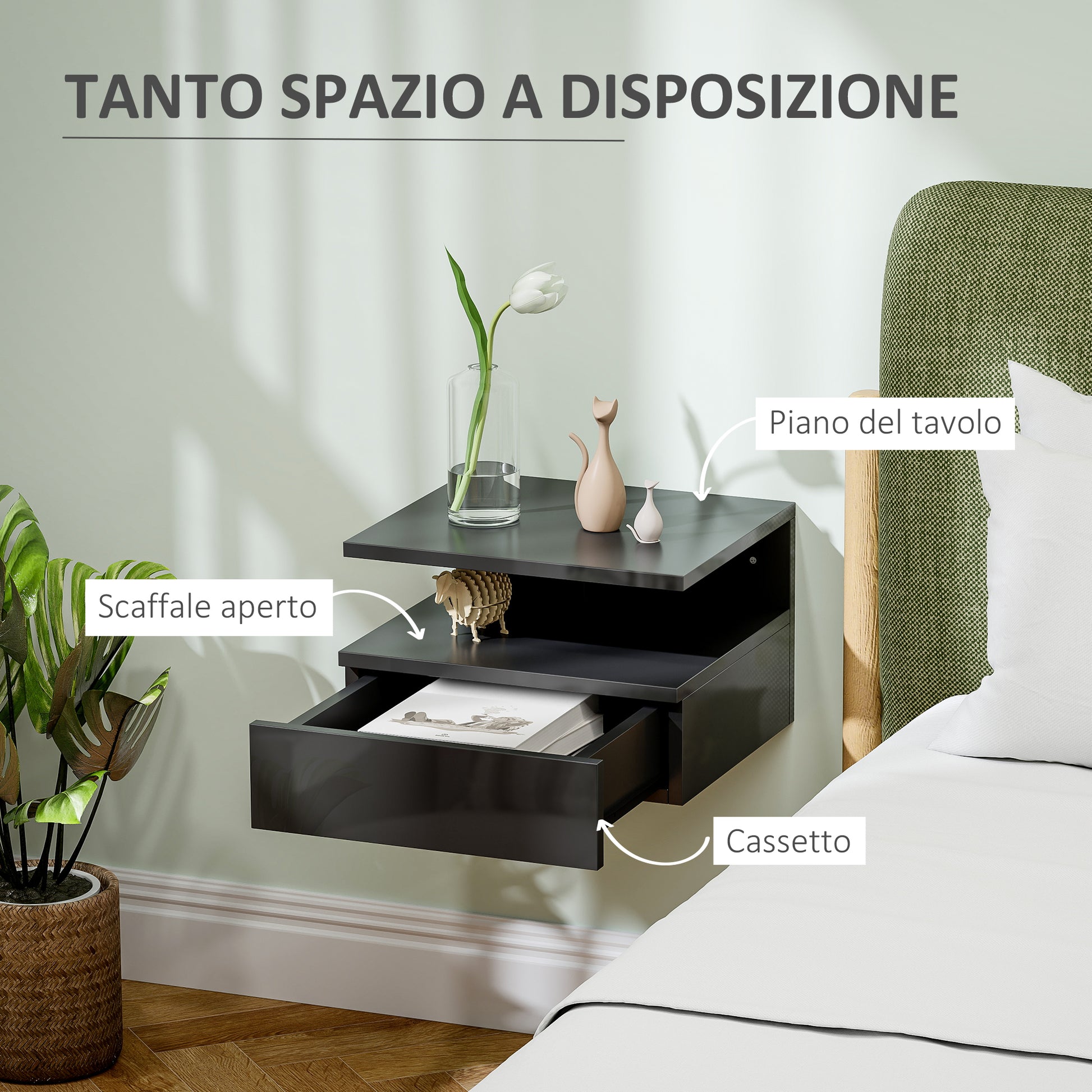Modern Floating Bedside Table for Bedroom, Modern Bedroom Nightstand, with Wooden Drawer and Upper Shelf, 35x32x22.5cm, Glossy Black