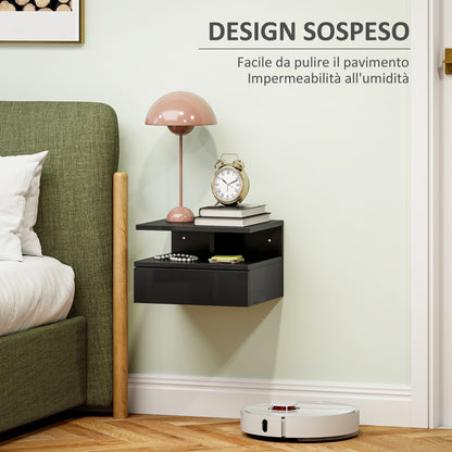 Modern Floating Bedside Table for Bedroom, Modern Bedroom Nightstand, with Wooden Drawer and Upper Shelf, 35x32x22.5cm, Glossy Black