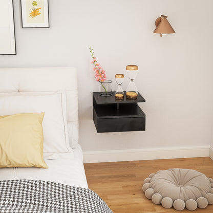 Modern Floating Bedside Table for Bedroom, Modern Bedroom Nightstand, with Wooden Drawer and Upper Shelf, 35x32x22.5cm, Glossy Black