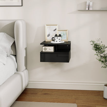 Modern Floating Bedside Table for Bedroom, Modern Bedroom Nightstand, with Wooden Drawer and Upper Shelf, 35x32x22.5cm, Glossy Black