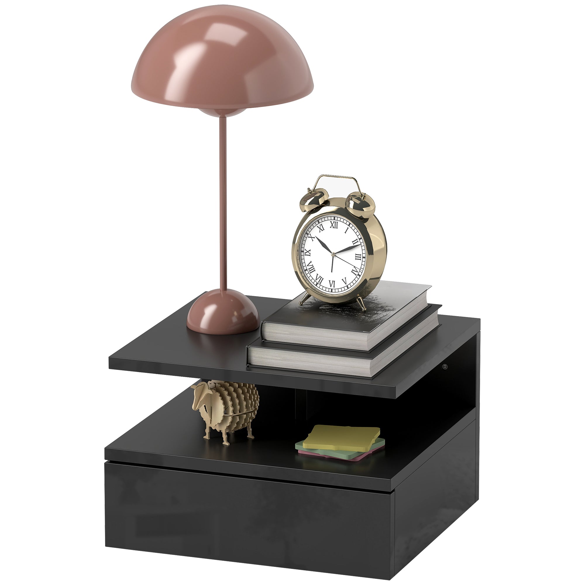 Modern Floating Bedside Table for Bedroom, Modern Bedroom Nightstand, with Wooden Drawer and Upper Shelf, 35x32x22.5cm, Glossy Black
