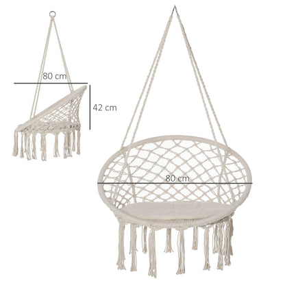 Round Hanging Chair with Ø60 cm Hammock Swing with Cushion and Cotton Rope for Indoor and Outdoor 80x80x42 cm Beige