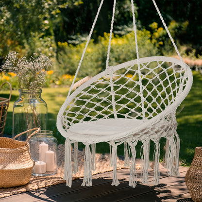 Round Hanging Chair with Ø60 cm Hammock Swing with Cushion and Cotton Rope for Indoor and Outdoor 80x80x42 cm Beige