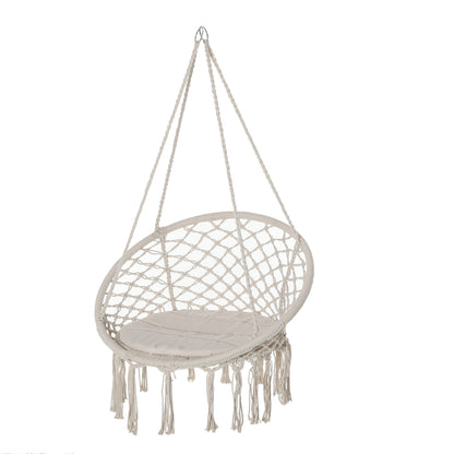 Round Hanging Chair with Ø60 cm Hammock Swing with Cushion and Cotton Rope for Indoor and Outdoor 80x80x42 cm Beige