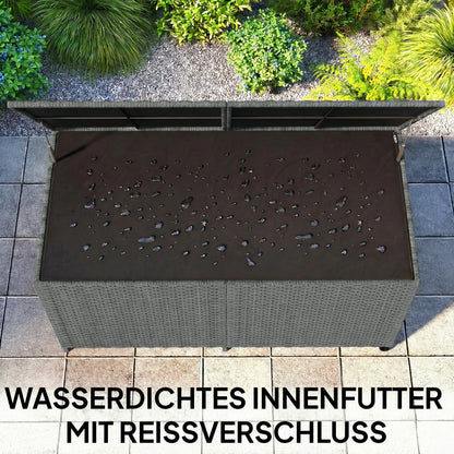 650L Weatherproof Rattan Cushion Box with Lid, Wheels & Storage – UV-Resistant Garden Chest for Patio, Terrace, Balcony | 59 x 29.5 x 29.1 in (150 x 75 x 74 cm) – Dark Gray