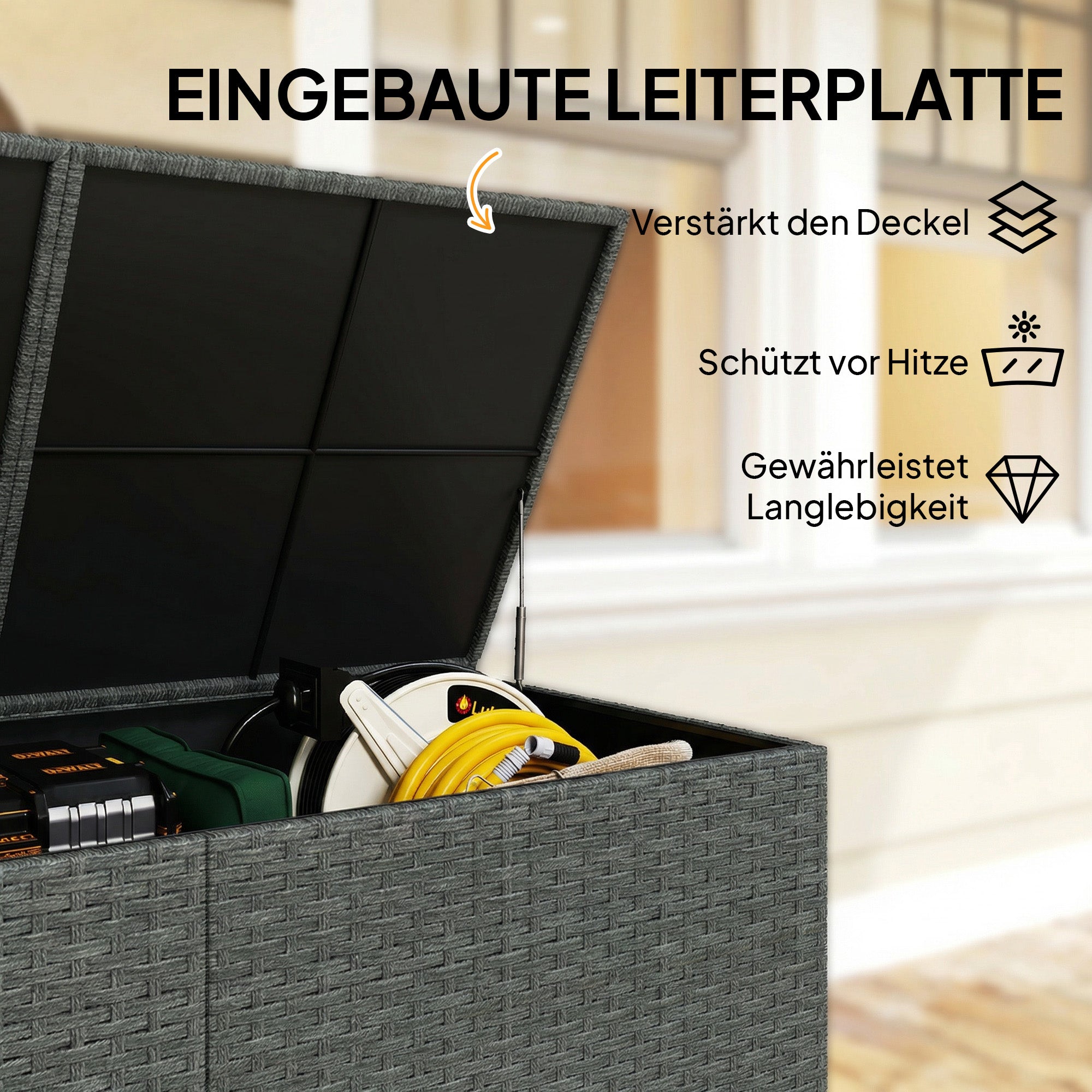 650L Weatherproof Rattan Cushion Box with Lid, Wheels & Storage – UV-Resistant Garden Chest for Patio, Terrace, Balcony | 59 x 29.5 x 29.1 in (150 x 75 x 74 cm) – Dark Gray