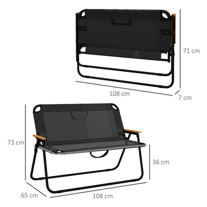 2-Seater Garden Bench, Bench, Foldable Camping Bench, Folding Bench with 220 kg Weight Capacity, for Camping, Patio, Mesh, Black, 108 x 65 x 73 cm