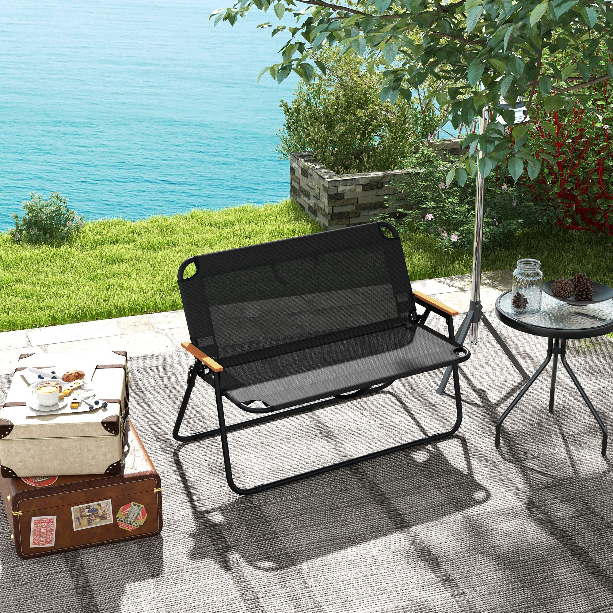 2-Seater Garden Bench, Bench, Foldable Camping Bench, Folding Bench with 220 kg Weight Capacity, for Camping, Patio, Mesh, Black, 108 x 65 x 73 cm