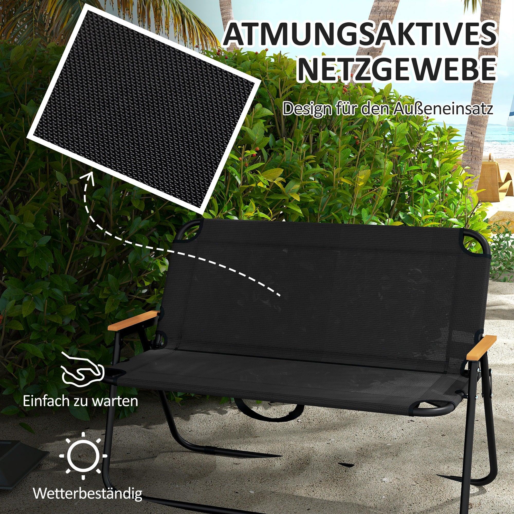 2-Seater Garden Bench, Bench, Foldable Camping Bench, Folding Bench with 220 kg Weight Capacity, for Camping, Patio, Mesh, Black, 108 x 65 x 73 cm
