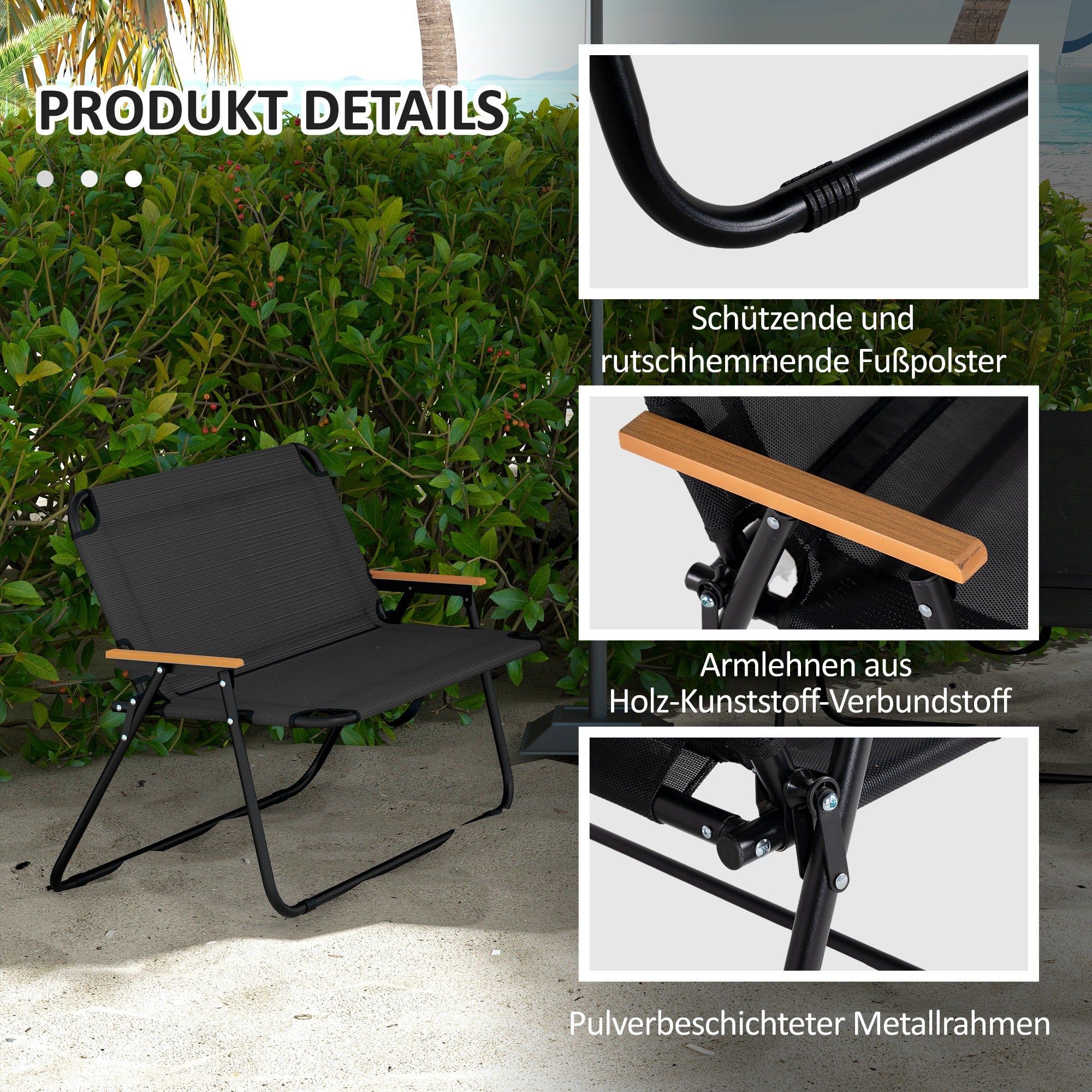 2-Seater Garden Bench, Bench, Foldable Camping Bench, Folding Bench with 220 kg Weight Capacity, for Camping, Patio, Mesh, Black, 108 x 65 x 73 cm