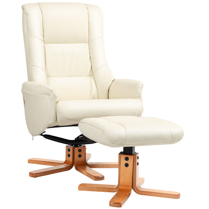 Recliner Chair with Ottoman, TV Chair with Reclining Function, Rocking Function, High Backrest, Wooden Legs for Living Room, Bedroom, Faux Leather, Cream White