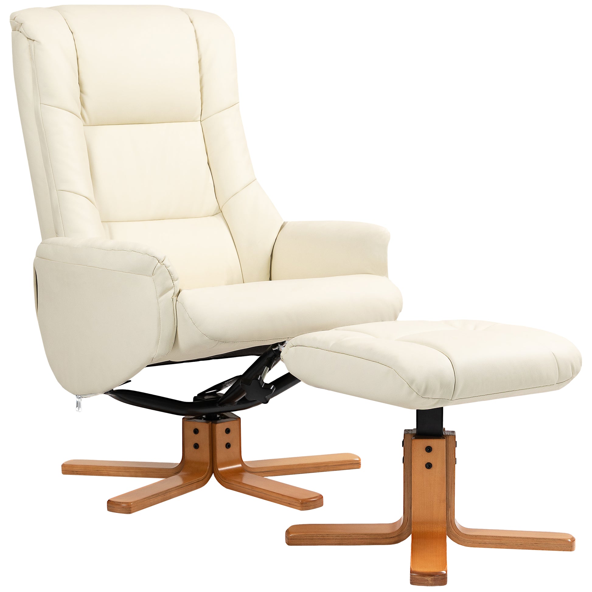 Recliner Chair with Ottoman, TV Chair with Reclining Function, Rocking Function, High Backrest, Wooden Legs for Living Room, Bedroom, Faux Leather, Cream White