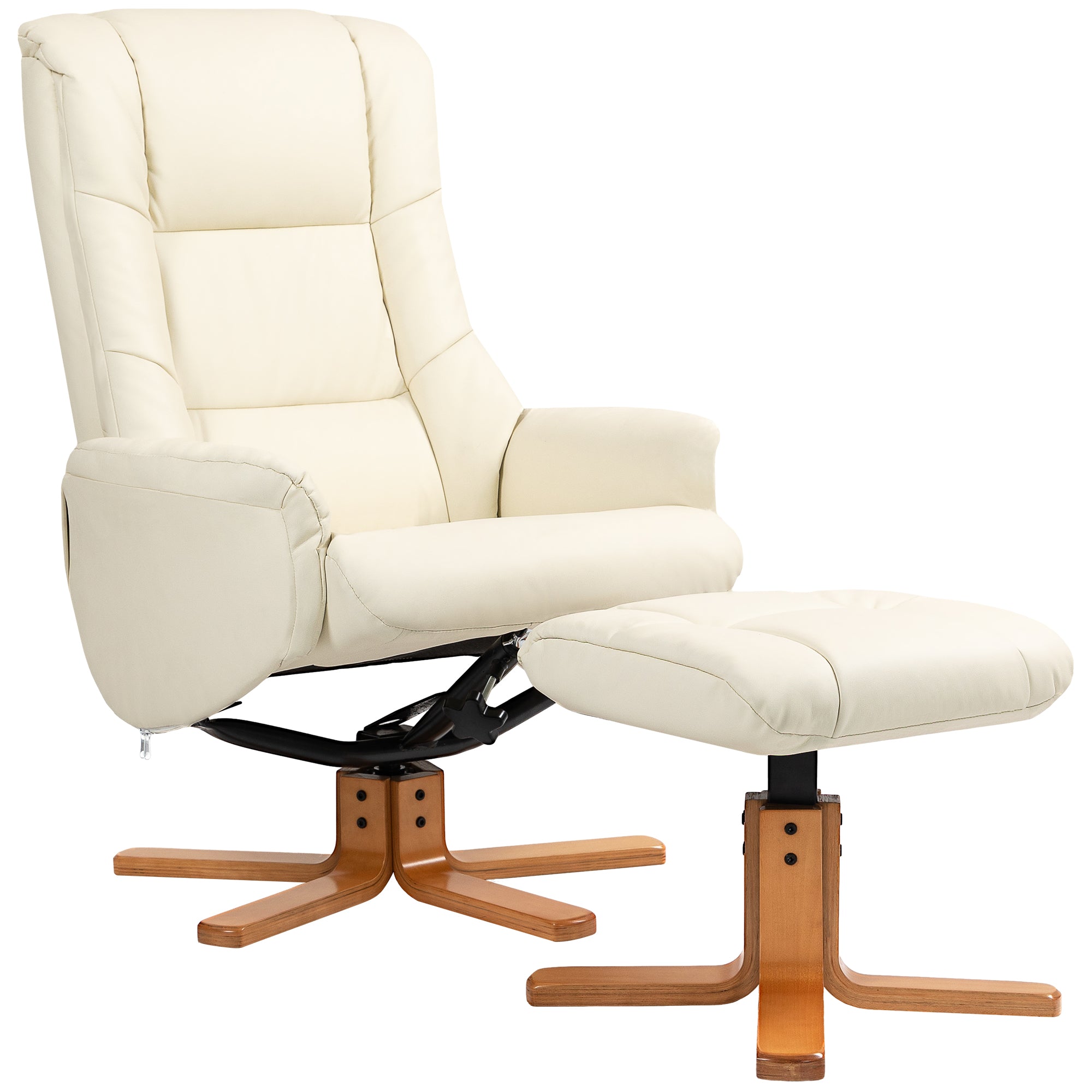 Recliner Chair with Ottoman, TV Chair with Reclining Function, Rocking Function, High Backrest, Wooden Legs for Living Room, Bedroom, Faux Leather, Cream White